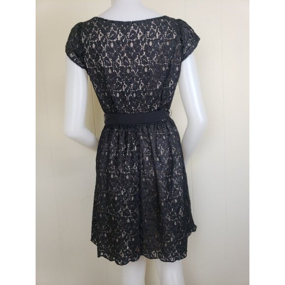 Elle New Years Eve Dress Womens Sz 4 Black Shimmer Lace Overlay Party Belted - Picture 5 of 11
